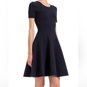Akris Punto designer short sleeve navy dot print jacquard dress.